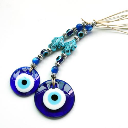 Lampwork Hanging Decoration, with Linen & Zinc Alloy, Round, plated, for home and office & evil eye pattern 