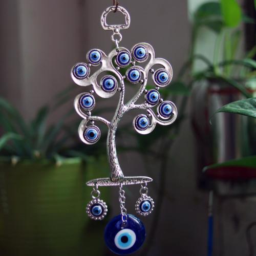 Zinc Alloy Hanging Decoration, with Resin, Tree, silver color plated, for home and office & evil eye pattern, blue, 30mm 