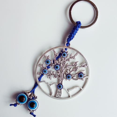 Turquie verre porte-clés, alliage de zinc, avec corde en nylon & résine, arbre, Placage de couleur argentée, bijoux de mode & motif de mauvais œil, bleu Vendu par PC