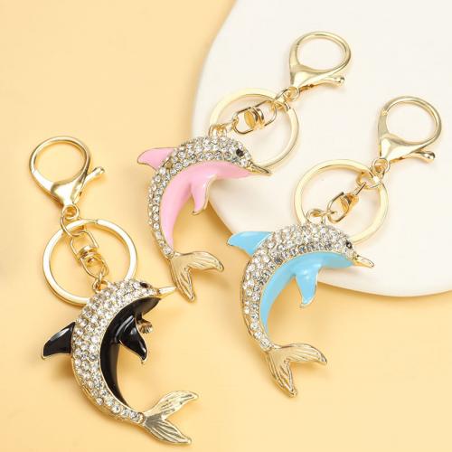 Enamel Zinc Alloy Key Chain, Dolphin, gold color plated, with rhinestone 