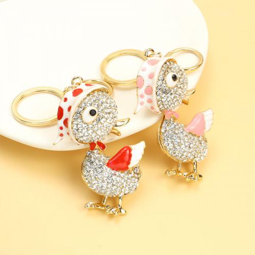 Enamel Zinc Alloy Key Chain, Duck, gold color plated, with rhinestone 