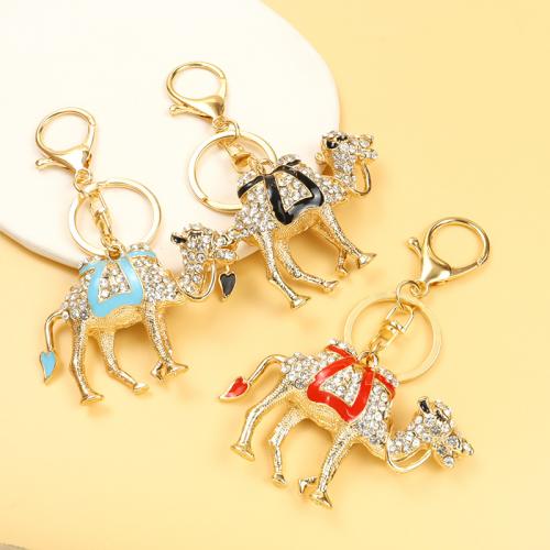 Enamel Zinc Alloy Key Chain, Camel, gold color plated, with rhinestone 