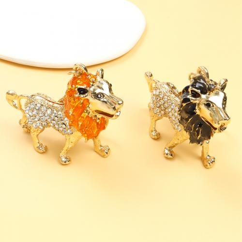 Enamel Zinc Alloy Key Chain, Lion, gold color plated, with rhinestone 