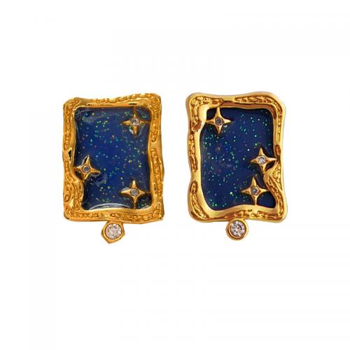 Gemstone Stud Earring, Brass, with Natural Stone, real gold plated, micro pave cubic zirconia & for woman & enamel, golden 