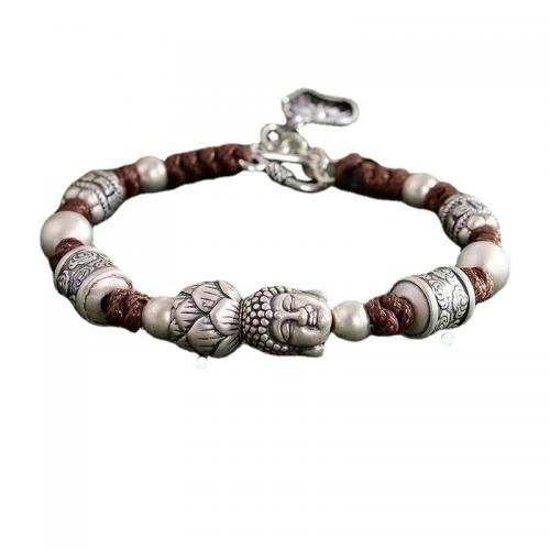 laiton bracelet, avec cordon de polyester, bouddha, Placage de couleur argentée, Vintage & unisexe Environ 7 pouce, Vendu par PC
