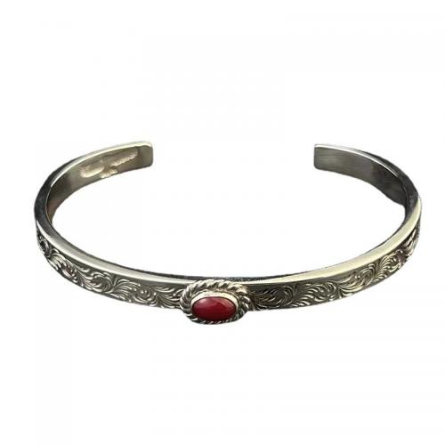 Brass Cuff Bangle, with Red Jasper, silver color plated, vintage & Unisex, Inner Approx 60mm 