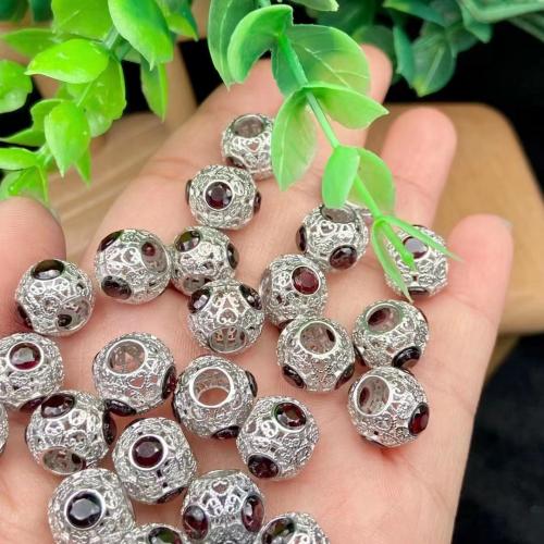 Natural Garnet Beads, Brass, with Garnet, silver color plated, DIY & hollow 