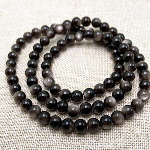 Gemstone Bracelets, Silver Obsidian, Round, three layers & Unisex, 6mm 