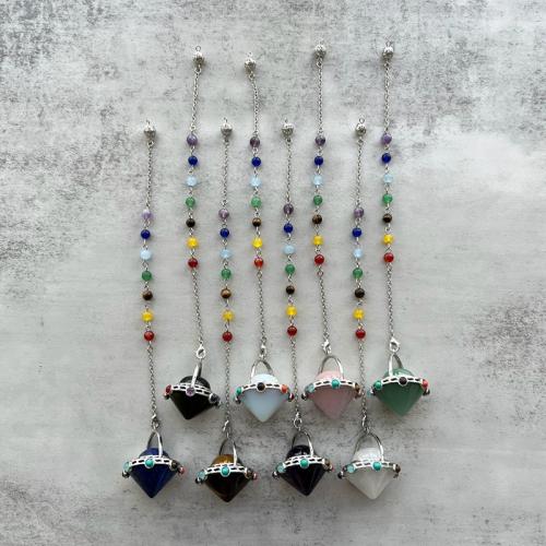 Gemstone Pendulum, with Brass & Zinc Alloy, Conical, silver color plated, random style & fashion jewelry, mixed colors Approx 10 cm 