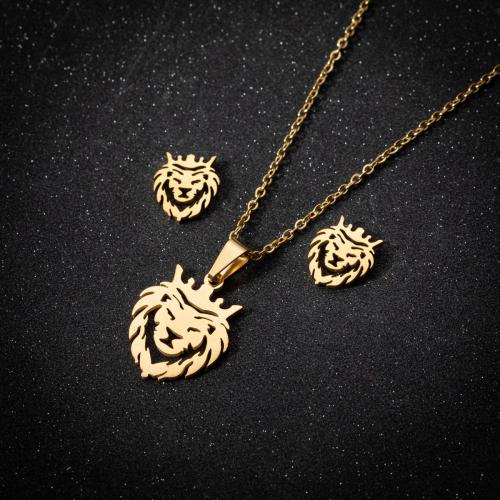 Fashion Stainless Steel Jewelry Sets, 304 Stainless Steel, Stud Earring & necklace, with 5cm extender chain, Lion, Vacuum Ion Plating, fashion jewelry & for woman & hollow Approx 40 cm 