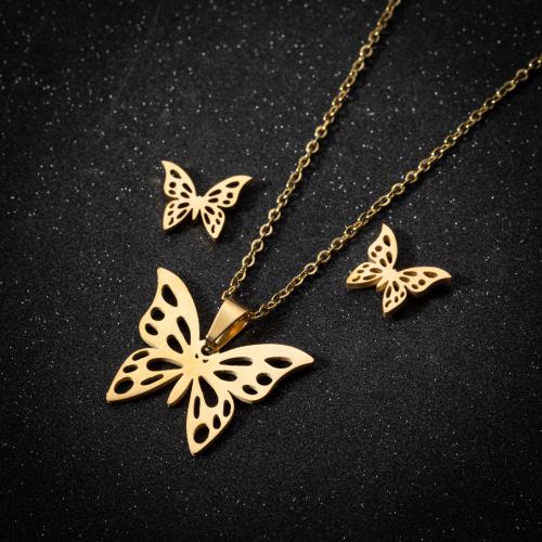 Fashion Stainless Steel Jewelry Sets, 304 Stainless Steel, Stud Earring & necklace, with 5cm extender chain, Butterfly, Vacuum Ion Plating, fashion jewelry & for woman & hollow Approx 40 cm 