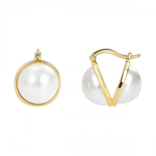 Brass Huggie Hoop Earring, with Plastic Pearl, 18K gold plated, fashion jewelry & for woman 