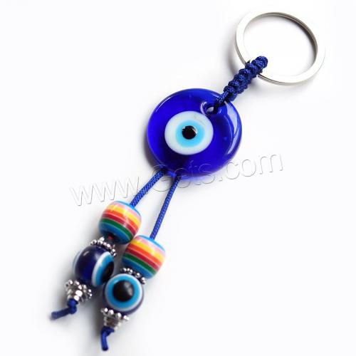 Evil Eye Key Chain, Glass, with Nylon Cord & Zinc Alloy, Round, silver color plated, for home and office & evil eye pattern, blue, 30mm 