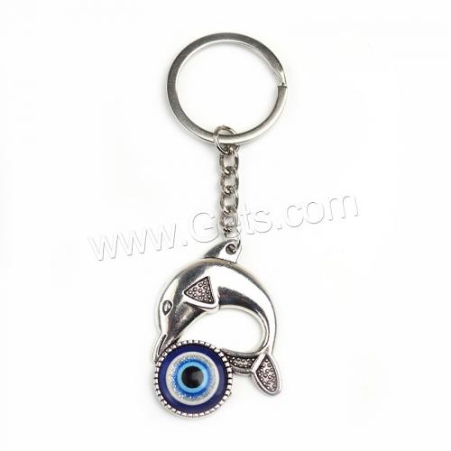 Turquie verre porte-clés, avec alliage de zinc, dauphin, Placage de couleur argentée, bijoux de mode & motif de mauvais œil, bleu, 100mm, Vendu par PC