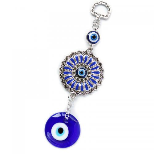 Glass Hanging Decoration, with Zinc Alloy, Flower, silver color plated, for home and office & evil eye pattern, blue, 155mm 