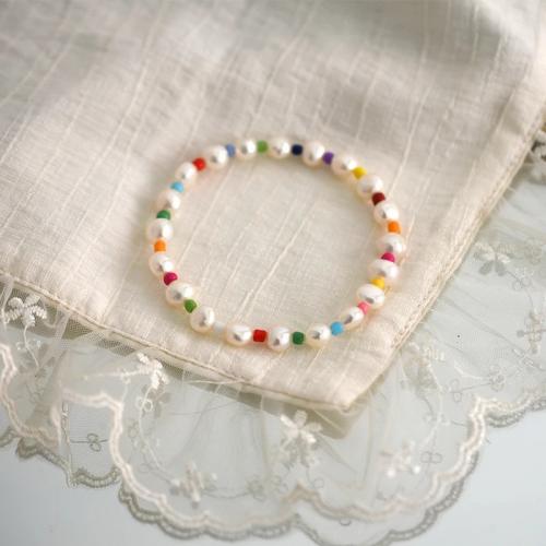 Cultured Freshwater Pearl Bracelets, with Seedbead, Slightly Round & for woman 