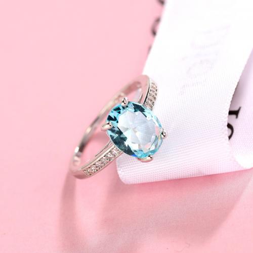 Cubic Zircon Brass Finger Ring, with Cubic Zirconia, silver color plated & for woman, blue 