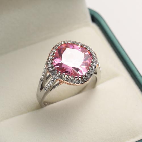Cubic Zircon Brass Finger Ring, with Cubic Zirconia, silver color plated & for woman, pink 