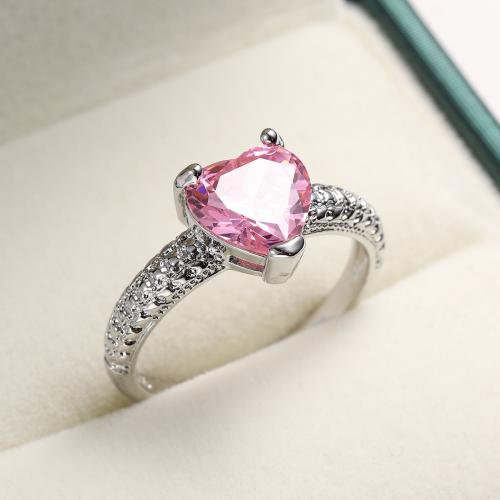 Cubic Zircon Brass Finger Ring, with Cubic Zirconia, Heart, silver color plated & for woman, pink 
