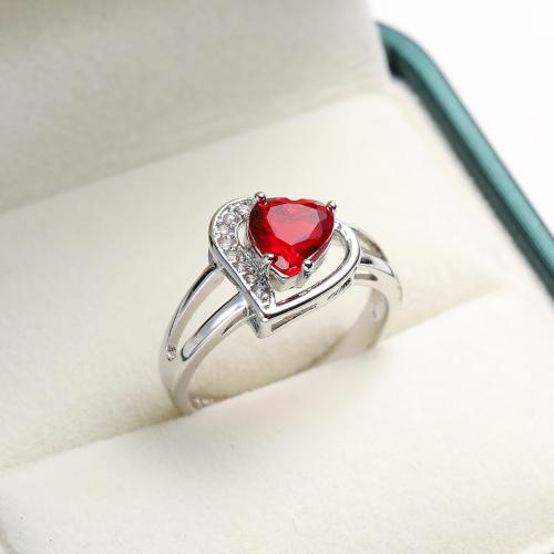 Cubic Zircon Brass Finger Ring, with Cubic Zirconia, Heart, silver color plated & for woman, red 