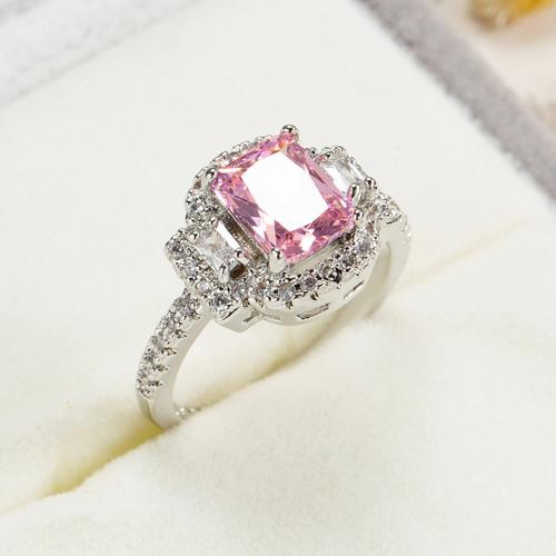 Cubic Zircon Brass Finger Ring, with Cubic Zirconia, Square, silver color plated & for woman, pink 