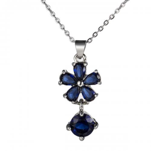 Brass Cubic Zirconia Necklace, with Cubic Zirconia, Flower, silver color plated, for woman, blue Approx 40 cm 