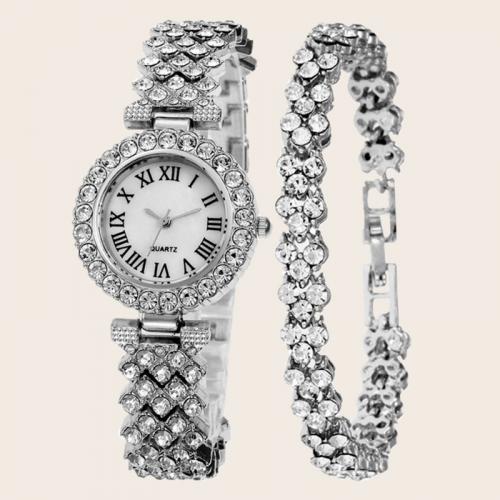 alliage de zinc bracelet de montre, avec verre, Rond, Placage, mouvement chinoise & styles différents pour le choix & pour femme & avec strass, watch size bracelet length 180mm, Vendu par PC