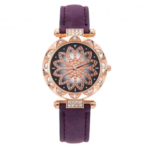 Zinc Alloy Watch Bracelet, with PU Leather & Glass, Round, plated, Chinese movement & with flower pattern & for woman & with rhinestone, watch size bangle inner diameter 60mm 