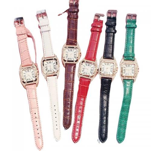 Zinc Alloy Watch Bracelet, with PU Leather & Glass, Geometrical Pattern, plated, Chinese movement & for woman & with rhinestone, watch size bangle inner diameter 60mm 