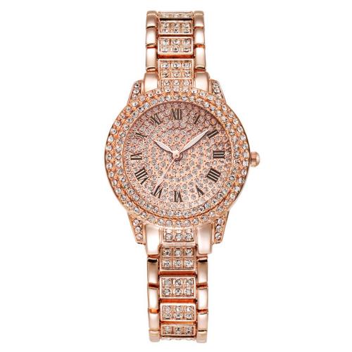 Zinc Alloy Watch Bracelet, with Glass, Round, plated, Chinese movement & for woman & with rhinestone, 190mm 