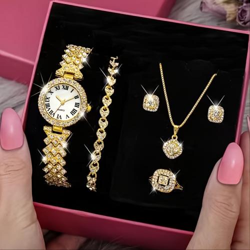 Zinc Alloy Jewelry Set, watch & finger ring & bracelet & earring & necklace, with Glass, plated, 5 pieces & Chinese movement & for woman & with rhinestone watch length 230mm, bracelet length 180mm, necklace length 400mm, US Ring 
