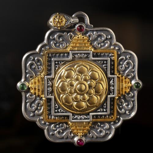 Brass Jewelry Pendants, Geometrical Pattern, plated, vintage & DIY & with flower pattern, 40mm 