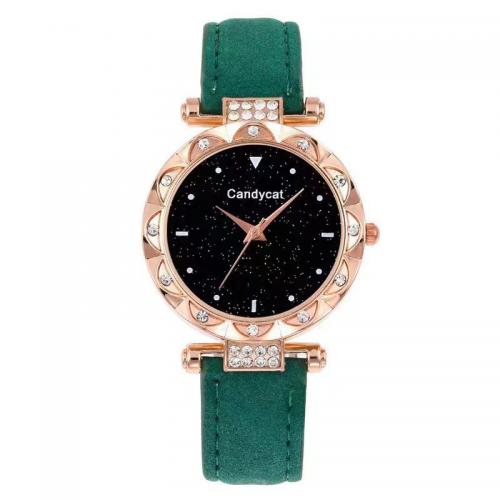 Zinc Alloy Watch Bracelet, with PU Leather & Zinc Alloy, Round, plated, Chinese movement & for woman & with rhinestone, watch size bangle inner diameter 60mm 