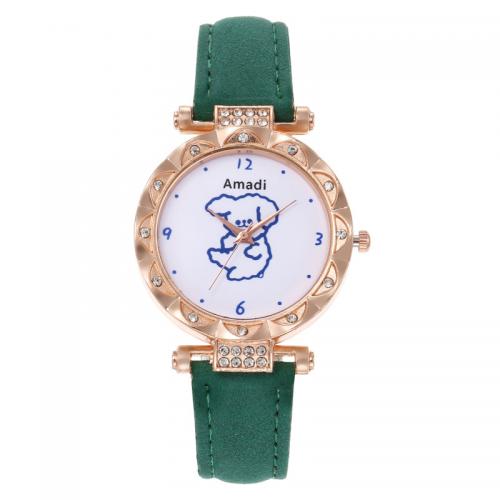 Zinc Alloy Watch Bracelet, with PU Leather & Glass, Round, plated, Chinese movement & for woman & with rhinestone, watch size bangle inner diameter 60mm 