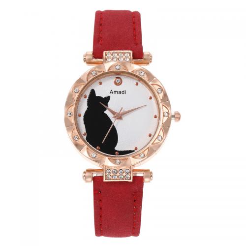 Zinc Alloy Watch Bracelet, with PU Leather & Glass, Round, plated, Chinese movement & for woman & with rhinestone, watch bracelet size bangle inner diameter 60mm 