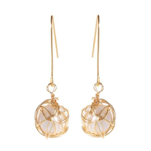 Brass Drop Earring, with pearl, real gold plated, fashion jewelry & for woman, white, 55mm 