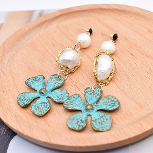 Zinc Alloy Drop Earring, with pearl & 304 Stainless Steel, Flower, plated, fashion jewelry & for woman & with rhinestone, mixed colors, 55mm 
