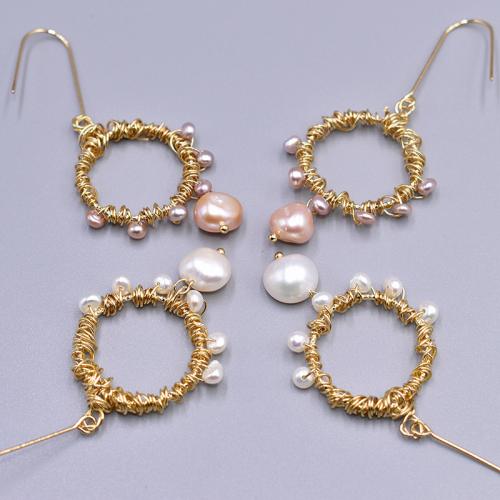 Brass Drop Earring, with pearl, real gold plated, fashion jewelry & for woman 70mm 