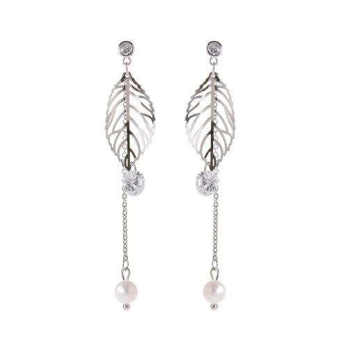 Plastic Pearl Zinc Alloy Earring, with Cubic Zirconia & Plastic Pearl, Leaf, silver color plated, fashion jewelry & for woman & hollow, 61mm 