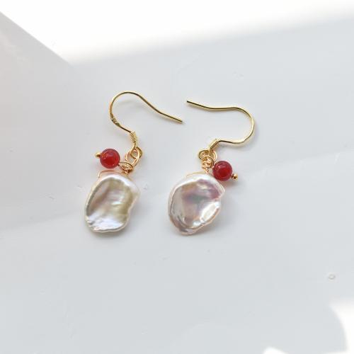 Brass Drop Earring, with pearl & Red Agate, gold color plated, fashion jewelry & for woman, mixed colors, 35mm 