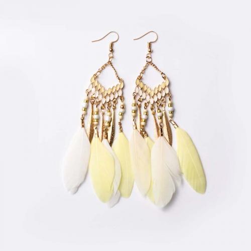 Fashion Feather Earring , with Seedbead & Zinc Alloy, gold color plated, fashion jewelry & Bohemian style & for woman & enamel 80mm 