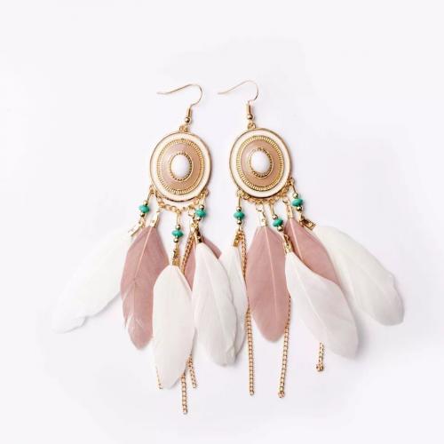 Fashion Feather Earring , with Resin & Zinc Alloy, gold color plated, fashion jewelry & Bohemian style & for woman & enamel 80mm 