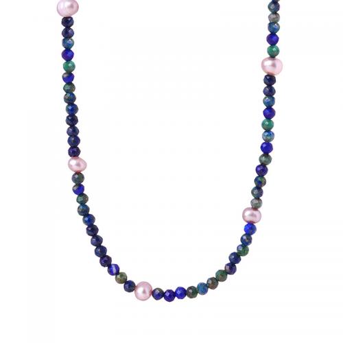 Natürliche Lapislazuli -Halskette, mit Natürliche kultivierte Süßwasserperlen, mit Verlängerungskettchen von 5cm, Modeschmuck & für Frau, Länge:ca. 43 cm, verkauft von PC