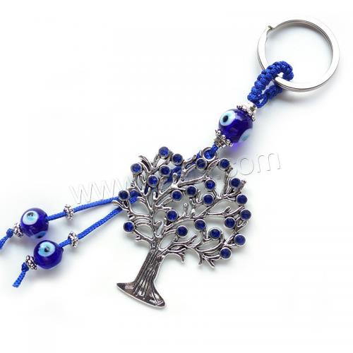 Evil Eye Key Chain, Glass, with Nylon Cord & Zinc Alloy, Tree, silver color plated, fashion jewelry & evil eye pattern & with rhinestone, blue, 150mm 