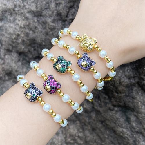 Cubic Zirconia Micro Pave Brass Bracelet, with Plastic Pearl, Bear, plated, fashion jewelry & micro pave cubic zirconia cm 