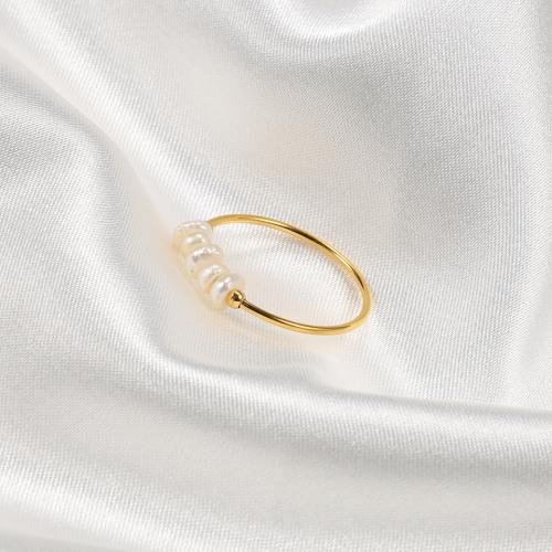 Cultured Freshwater Pearl Finger Ring, Titanium Steel, with Freshwater Pearl, 18K gold plated, fashion jewelry & for woman 