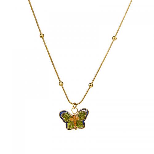 Stainless Steel Jewelry Necklace, 304 Stainless Steel, with Zinc Alloy, with 5CM extender chain, Butterfly, plated, for woman & enamel, golden Approx 40 cm 