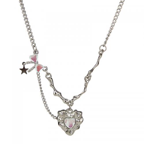 Stainless Steel Jewelry Necklace, 304 Stainless Steel, with Moonstone & Zinc Alloy, with 5CM extender chain, Heart, plated, for woman, silver color Approx 39 cm 