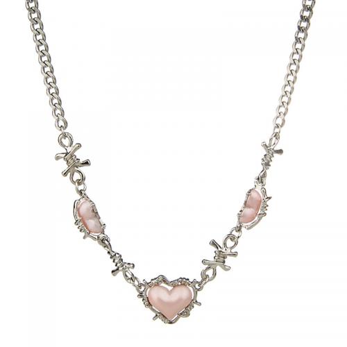 Stainless Steel Jewelry Necklace, 304 Stainless Steel, with Resin & Zinc Alloy, with 5CM extender chain, Heart, plated, for woman, silver color Approx 40 cm 