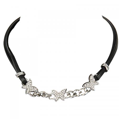 Fashion Choker Necklace, 304 Stainless Steel, with leather cord & Zinc Alloy, with 6CM extender chain, plated, for woman & with rhinestone, black Approx 36 cm 